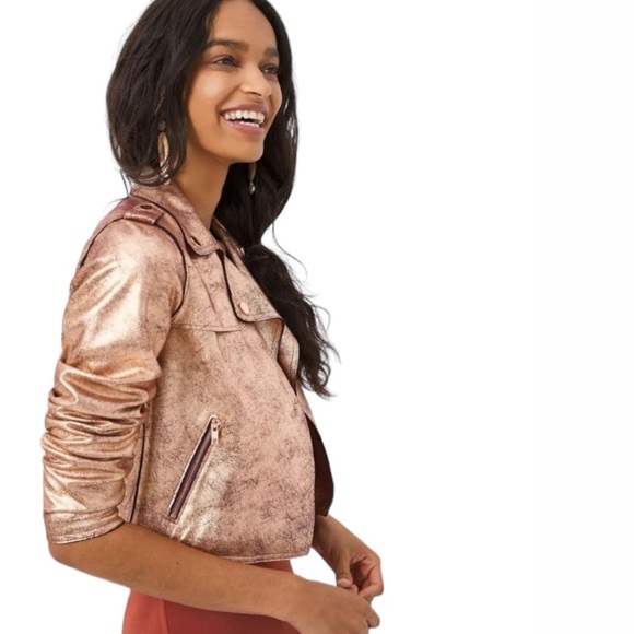 Anthropologie “Brisa” Gold Crackled Vegan Leather Moto Jacket - Women’s Size XL - Picture 2 of 12